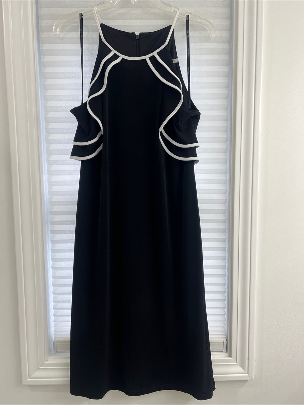 Calvin Klein Black Midi Dress with White Trim Ruffle Detail